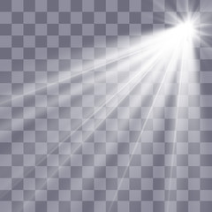 Белый красивый свет взрывается прозрачным взрывом. Векторная, яркая иллюстрация для идеального эффекта со сверканиями. Яркая звезда. Прозрачный блеск градиента глянца, яркая вспышка.