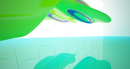 Abstract smooth architectural white interior with color gradient of a minimalist house with large windows. 3D illustration and rendering.