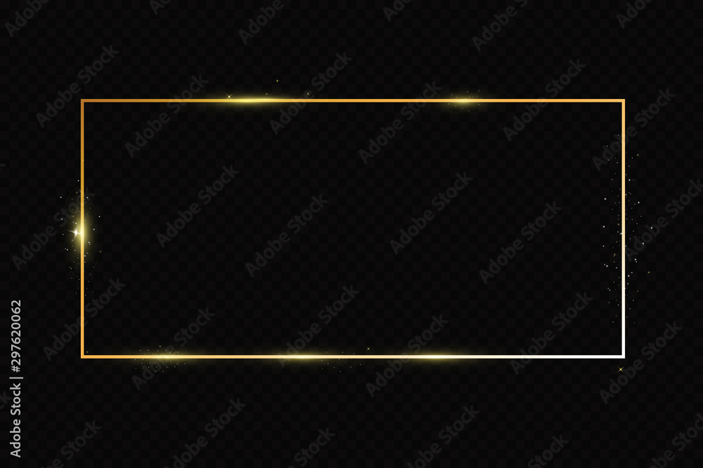 Poster  Golden frame with lights effects. Shining rectangle banner. Isolated on black transparent background. Vector illustration, eps 10