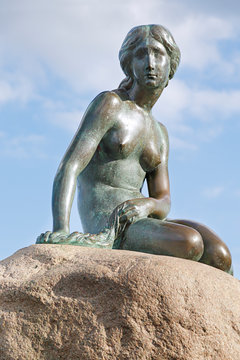 View of the little mermaid statue in Copenhagen, June 17, 2019, Denmark