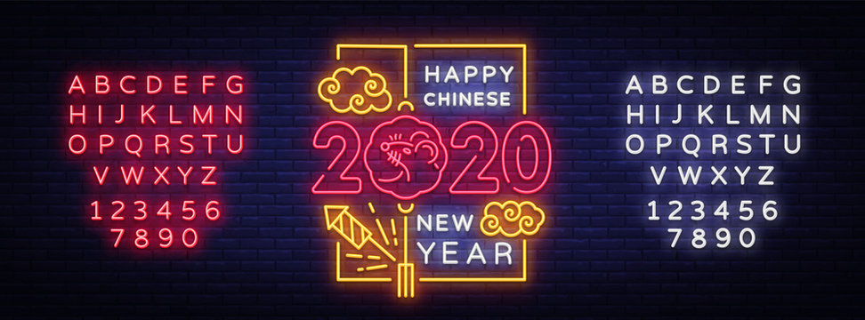 2020 Chinese New Year Neon Vector, greeting card with neon elements. Zodiac sign for flyer, invitation, posters, brochure, banners. Holidays Vector Illustration. Editing text neon sign
