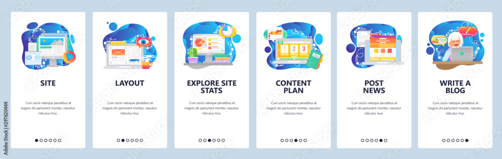 Aufkleber mobile app onboarding screens. digital marketing and content plan, business development, site wirefr