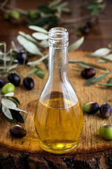 flasche mit frisch gepressten olivenöl, oliven und olivenzweige