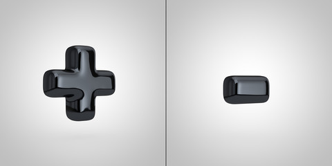 Obraz premium Symbole czarnego alfabetu plus i minus na białym tle.