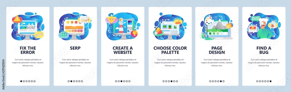 Poster mobile app onboarding screens. software development, computer bug, female engineer. menu vector bann