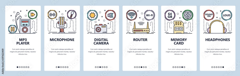 Poster mobile app onboarding screens. computer devices and gadgets, new technology hardware. menu vector ba