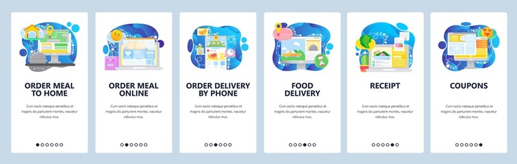 Mobile app onboarding screens. Food delivery service, order meal online, phone navigation, coupons. Menu vector banner template for website and mobile development. Web site design flat illustration