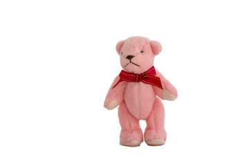Pink teddy bear walking on a white background