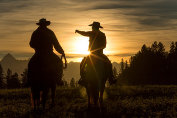 Cowboys riding across grassland early moring, British Colombia, B.C., Canada