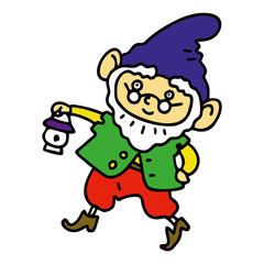 A boy in a gnome costume. Christmas at school. Cartoon drawing, New Year's holiday costume.