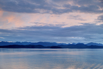 Panormas of the Alaskan coastline amidst the Inside Passage