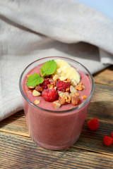 Fresh raspberries and bananas   smoothies  Healthy food concept