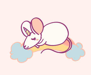 Cute cartoon character mouse unicorn, funny magical hand drawn vector illustration. Tee, card print graphic art.