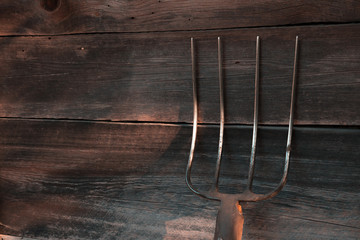 Pitchfork. On the background of the old wooden brown wall