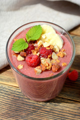 Fresh raspberries and bananas   smoothies  Healthy food concept