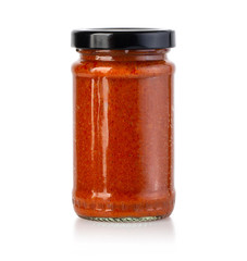 Tomato sauce jar on white background