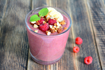 Fresh raspberries and bananas   smoothies  Healthy food concept