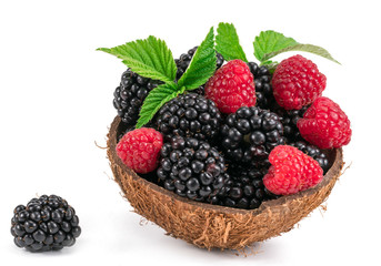 raspberries and blackberries on a white background