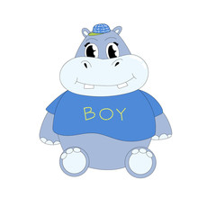 Cartoon cute vector hippo in a blue t-shirt and cap.