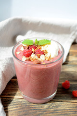 Fresh raspberries and bananas   smoothies  Healthy food concept