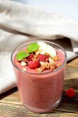 Fresh raspberries and bananas smoothies Healthy food concept