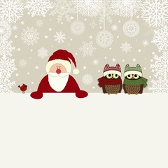 Christmas greeting card with Santa Claus and owls