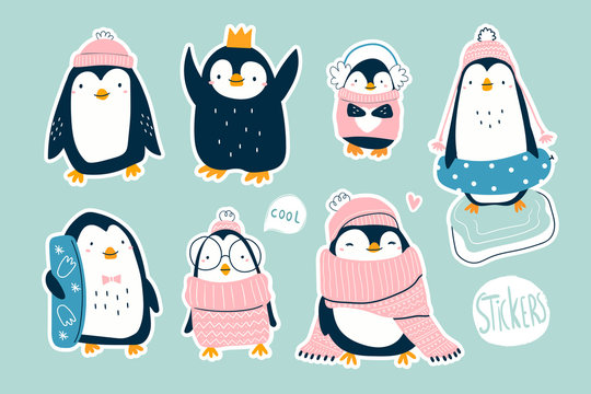 Hand drawn vector set of cute funny various penguins. Different clothing, various poses. Colored trendy illustration. Flat design. All elements are isolated. Pre-made stickers