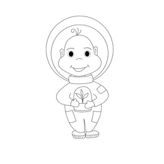 A little boy in a spaceman's suit holds a handful of earth with a sprout in his hands. Outline illustration.