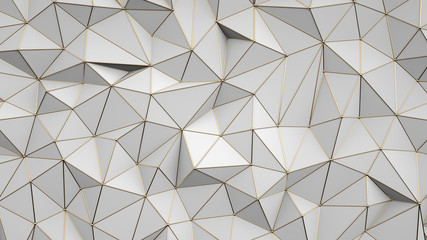 Abstract 3d rendering of triangulated geometry surface. Low poly background. White and gold.