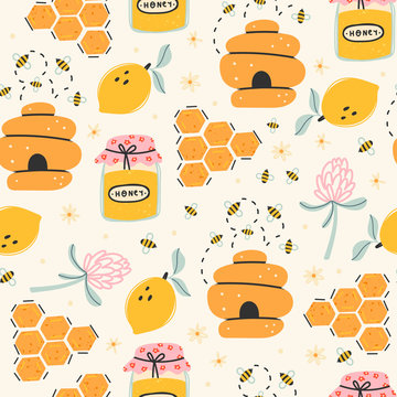 Set of cute bees, tasty healthy honey, jars, hive, flower, honeycomb. Colored trendy vector illustration. Cartoon style. Flat design. Hand drawn seamless pattern