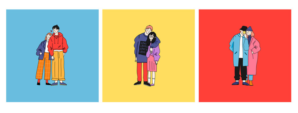 Street fashion look. Couples in love dressed in stylish trendy oversized clothing. Boys and girls. Korean japanese asian. Comic cartoon style. Manga anime. Hand drawn vector set of three illustrations