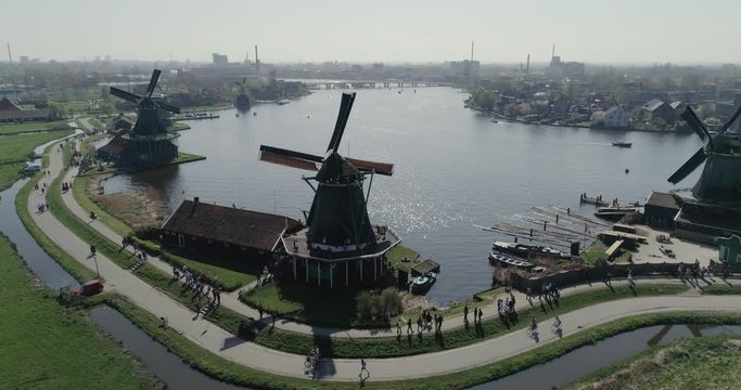 Aerial view on wind mills in Zaandam Zaanse - Holland - 4K video