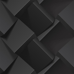 Obraz premium Dark abstract seamless geometric pattern. Realistic 3d cubes from black paper. Vector template for wallpapers, textile, fabric, wrapping paper, backgrounds. Texture with volume extrude effect.