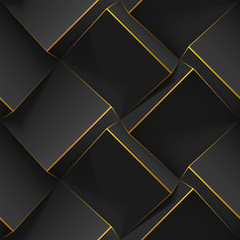 Dark abstract seamless geometric pattern. Realistic 3d cubes with thin golden lines. Vector template for wallpapers, textile, fabric, wrapping paper, backgrounds. Texture with volume extrude effect.