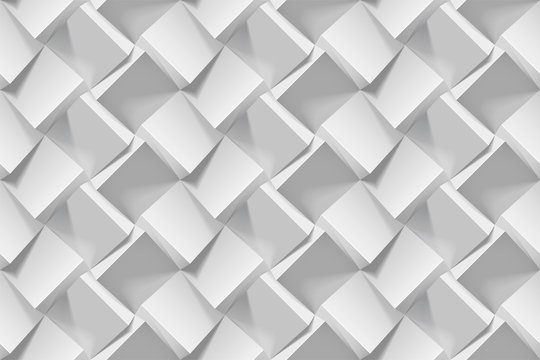 Light gray abstract seamless geometric pattern. Realistic 3d cubes from white paper. Vector template for wallpapers, textile, fabric, wrapping paper, backgrounds. Texture with volume extrude effect.