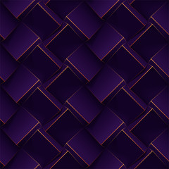 Dark purple seamless geometric pattern. Realistic 3d cubes with thin golden lines. Vector template for for wallpapers, textile, fabric, wrapping paper, backgrounds. Texture with volume extrude effect.