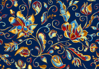 Grunge seamless hand painted water color floral pattern with beige paisley, flowers, flores, tulips. Freehand watercolor vintage oriental print. Colorful whimsical dark navy blue background for design
