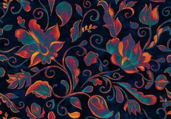 Paisley watercolor floral pattern tile:  flowers, flores, tulips, leaves. Oriental indian traditional hand painted water color whimsical seamless print, ceramic design. Abstract india batik background