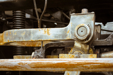 Industrial or transportation or steam punk vintage background with detail of old  rusty steam locomotive featuring crank mechanism, frame and suspension system. 