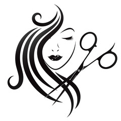 Face of a beautiful girl with curls of hair and scissors. Silhouette for beauty salon and hairdresser