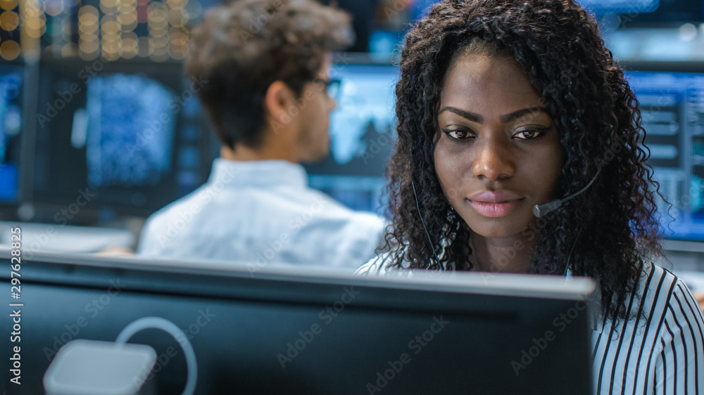 Poster female customer service representative answer client's questions in a headset. she works for a big t