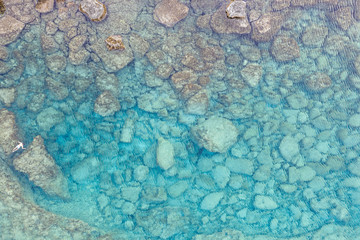 An aerial view of the beautiful Mediterranean sea, where you can se the rocky textured underwater corals and the clean turquoise water of blue lagoon Agia Napa