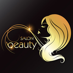 Silhouette of a girl with hair golden curls. Symbol for beauty salon and hairdresser.