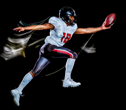 one african american football player man studio shot isolated on black background with light painting with blurred motion speed effect