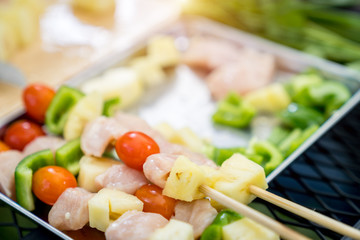 Chicken barbeque with vegetable and fruit on the tray ready to grill at campground in the summer time