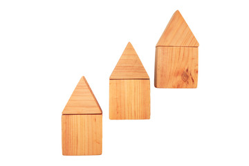 Wood house group on isolated background. Climbing wooden houses as concept of kids development toy, construction or decoration. Mockup elements