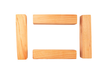 Wood bar pieces on isolated background. Vertical and horizontal wooden bars as concept of kids development toy, construction or decoration. Mockup frame section