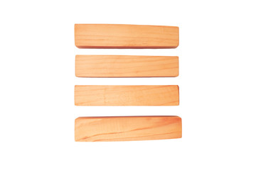 Wood bar pieces on isolated background. Horizontal wooden bars as concept of kids development toy, construction or decoration. Mockup board or fence section