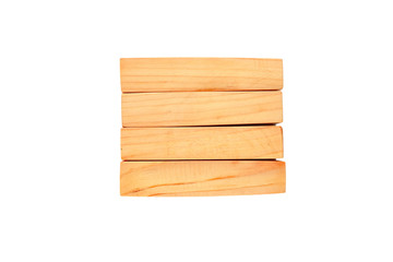 Wood bar pieces on isolated background. Horizontal wooden bars as concept of kids development toy, construction or decoration. Mockup board or fence section