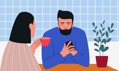 Man and woman sitting at table. Man staring at her phone, ignoring woman. Concept of distant relationship, ignorance. Flat vector illustration